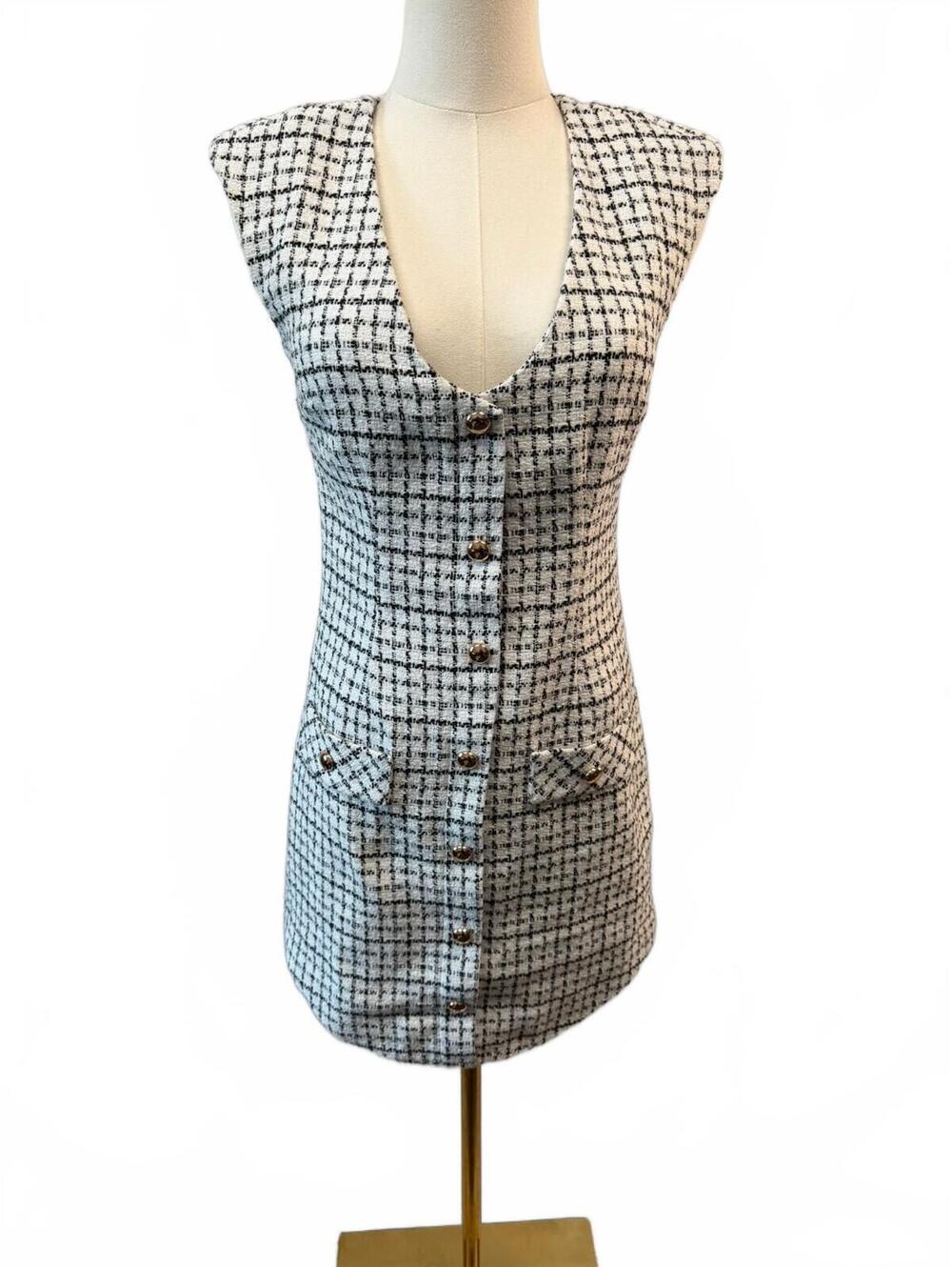 EUC Amanda Uprichard Ivana Tweed Mini Dress White Black Gold Button XS